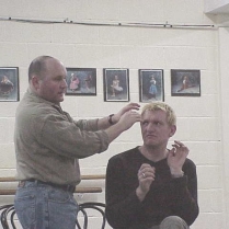 Hairdressers scene in rehearsal